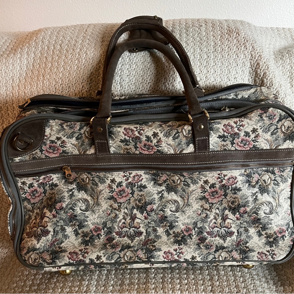Vintage French Luggage Carry on suitcase tapestry